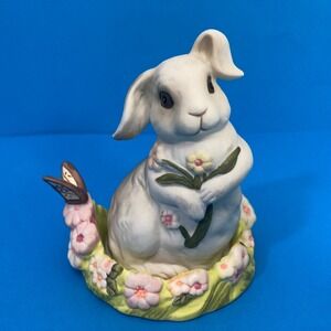PartyLite Ceramic Bunny Tea Light Holder - White Rabbit Flower Meadow - Easter